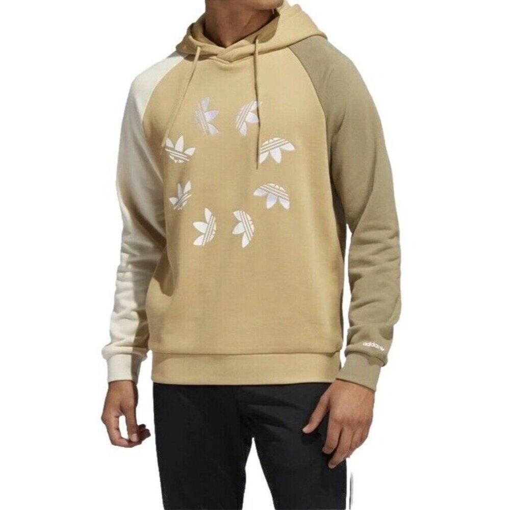 Adidas Men's Sz M Blocked Bold Hoodie Beige Pullover Trefoil Logo (HE0075)